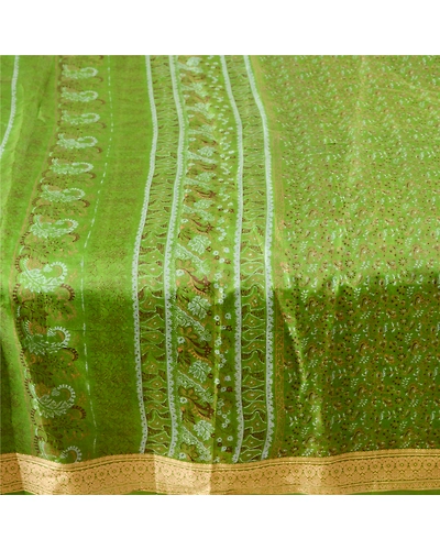 Sanskriti Vintage Sarees Green Indian Pure Silk Printed Sari Floral Craft Fabric, PR-62537-Green-Pure Silk-3