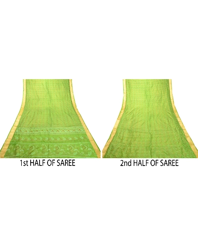 Sanskriti Vintage Sarees Green Indian Pure Silk Printed Sari Floral Craft Fabric, PR-62537-Green-Pure Silk-4
