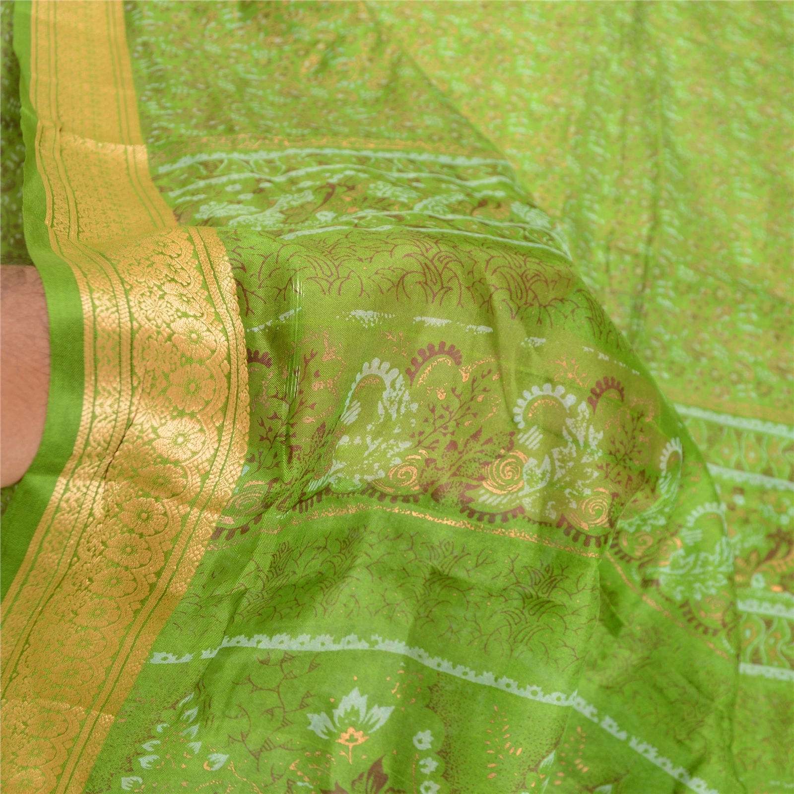 Sanskriti Vintage Sarees Green Indian Pure Silk Printed Sari Floral Craft Fabric, PR-62537-Green-Pure Silk-5