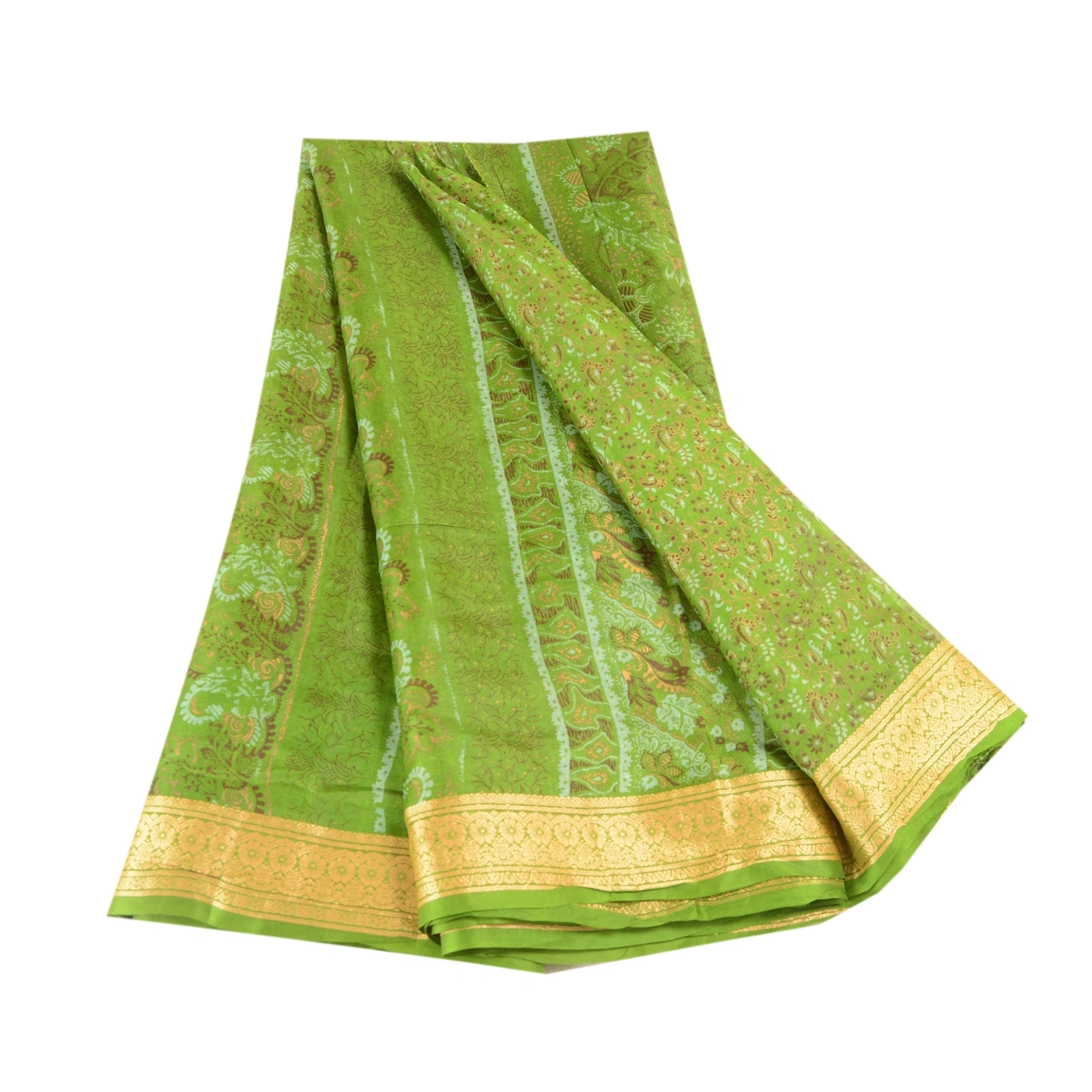 Sanskriti Vintage Sarees Green Indian Pure Silk Printed Sari Floral Craft Fabric, PR-62537-Green-Pure Silk-6