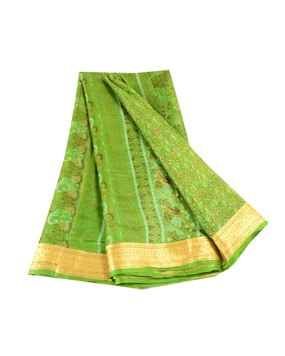 Sanskriti Vintage Sarees Green Indian Pure Silk Printed Sari Floral Craft Fabric, PR-62537-Green-Pure Silk-6