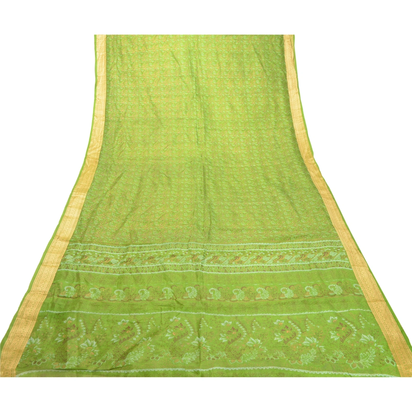 Sanskriti Vintage Sarees Green Indian Pure Silk Printed Sari Floral Craft Fabric, PR-62537-Green-Pure Silk-7