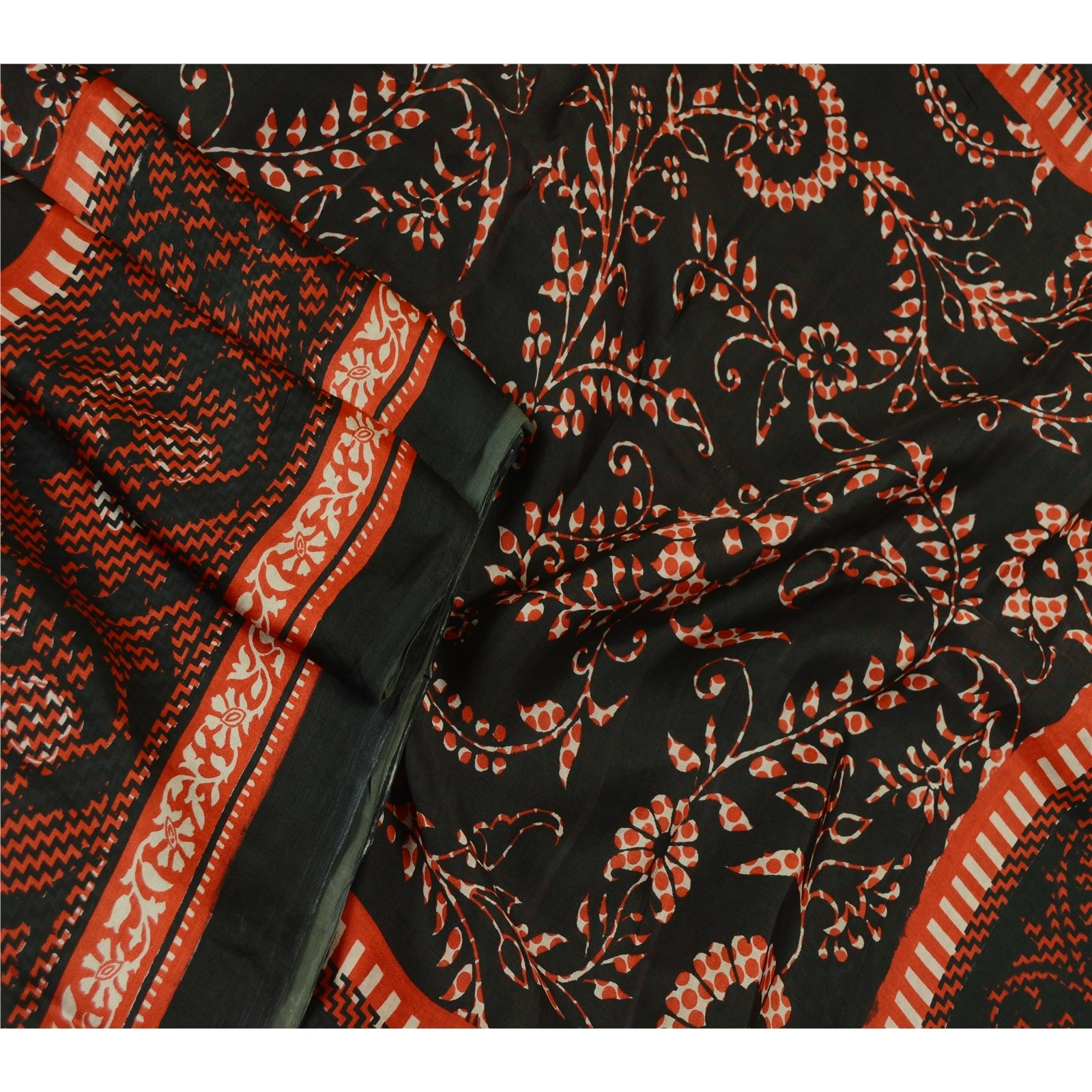 Sanskriti Vintage Sarees Black From India Pure Silk Printed Sari Craft Fabric, PR-62538-Black-Pure Silk-2