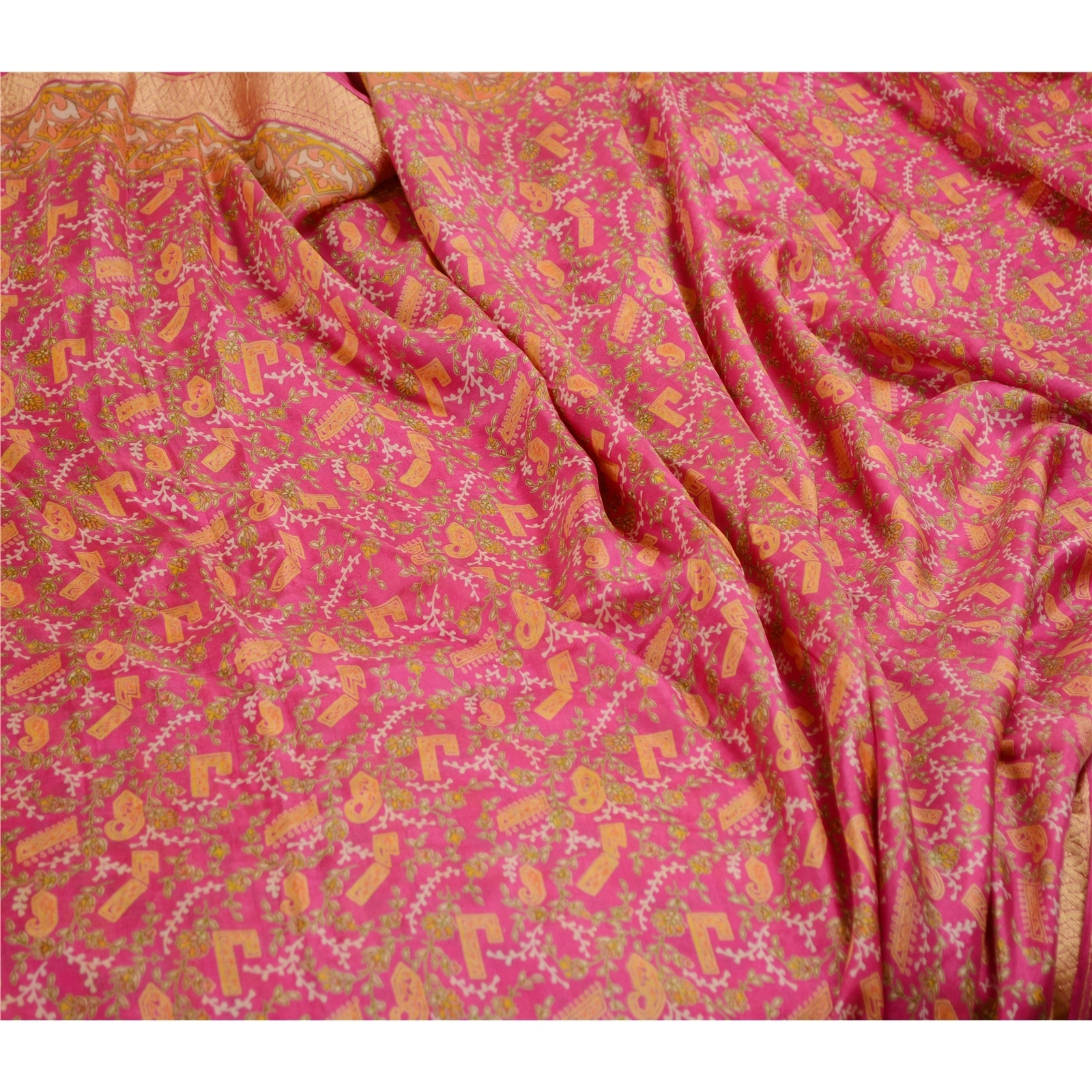 Sanskriti Vintage Sarees Pink From India Pure Silk Printed Sari 5Yd Craft Fabric, PR-62539-Pink-Pure Silk-1