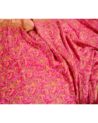 Sanskriti Vintage Sarees Pink From India Pure Silk Printed Sari 5Yd Craft Fabric, PR-62539-Pink-Pure Silk-1