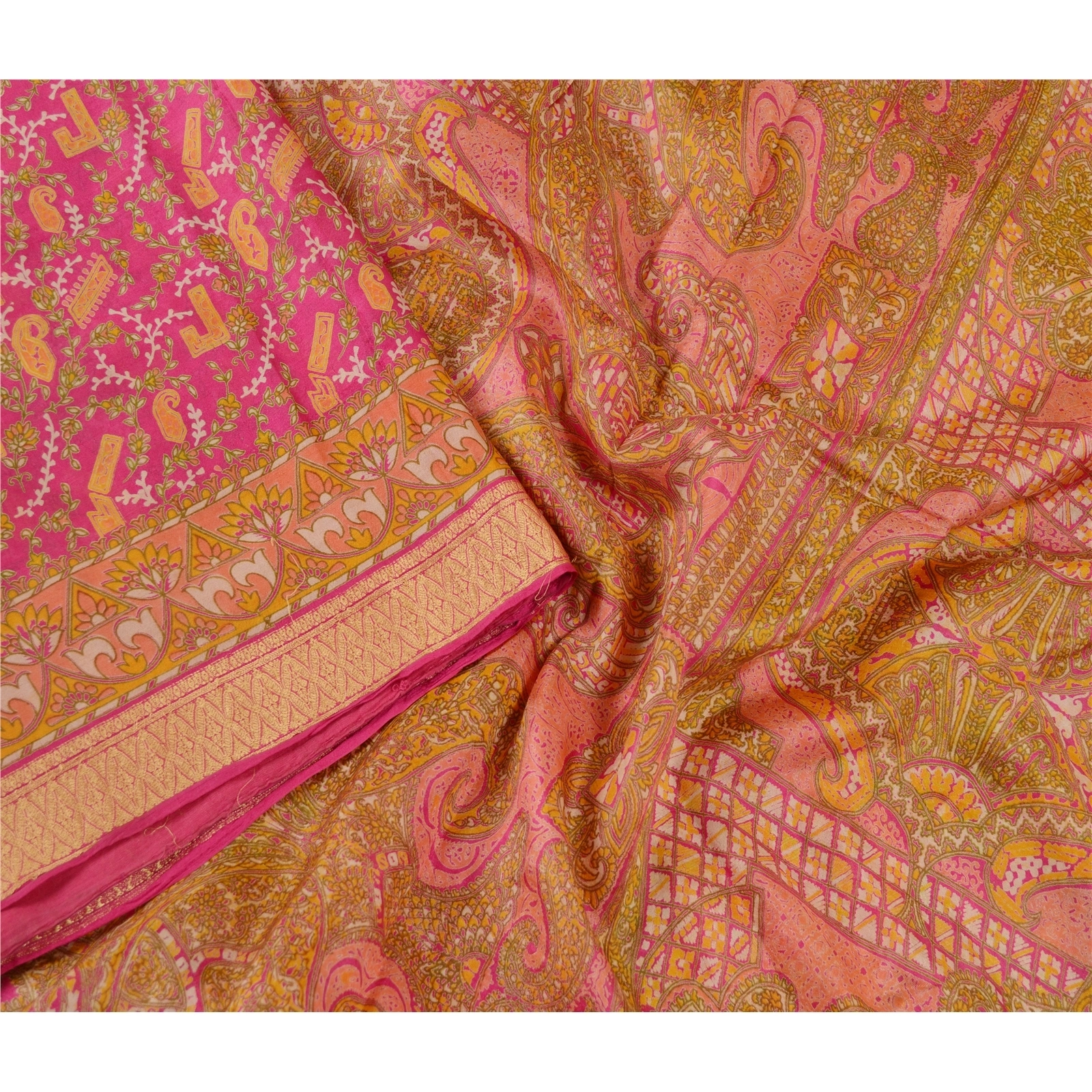 Sanskriti Vintage Sarees Pink From India Pure Silk Printed Sari 5Yd Craft Fabric, PR-62539-Pink-Pure Silk-2