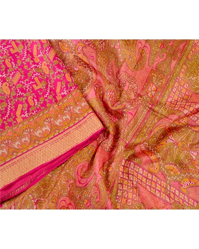 Sanskriti Vintage Sarees Pink From India Pure Silk Printed Sari 5Yd Craft Fabric, PR-62539-Pink-Pure Silk-2