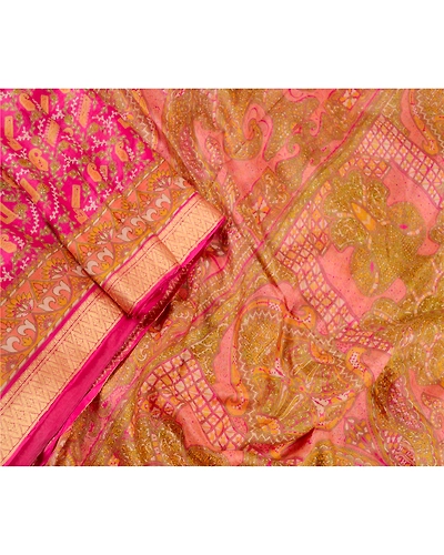 Sanskriti Vintage Sarees Pink From India Pure Silk Printed Sari 5Yd Craft Fabric, PR-62539-Pink-Pure Silk-3