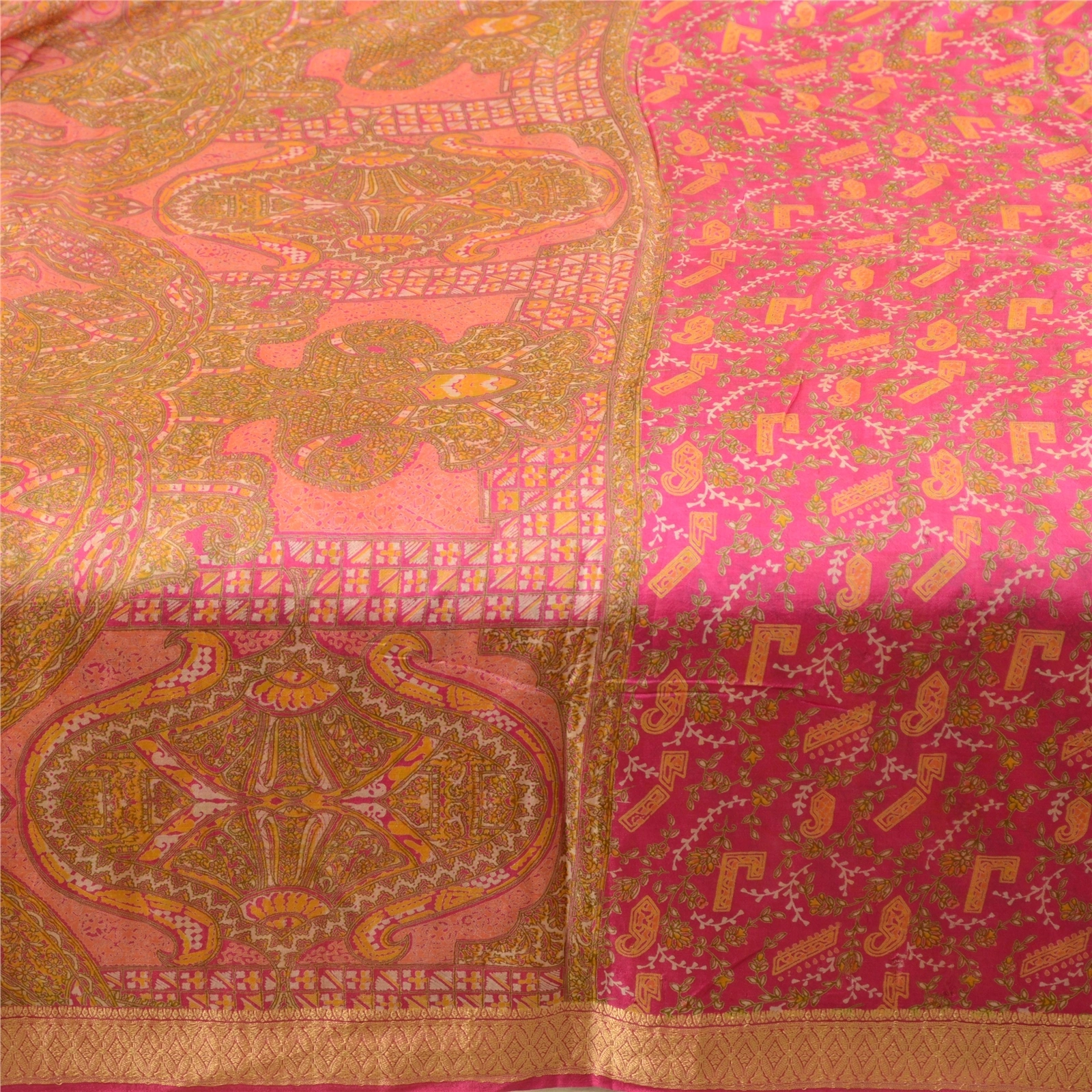 Sanskriti Vintage Sarees Pink From India Pure Silk Printed Sari 5Yd Craft Fabric, PR-62539-Pink-Pure Silk-4