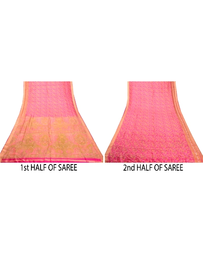 Sanskriti Vintage Sarees Pink From India Pure Silk Printed Sari 5Yd Craft Fabric, PR-62539-Pink-Pure Silk-5