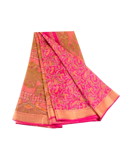Sanskriti Vintage Sarees Pink From India Pure Silk Printed Sari 5Yd Craft Fabric, PR-62539-Pink-Pure Silk-7