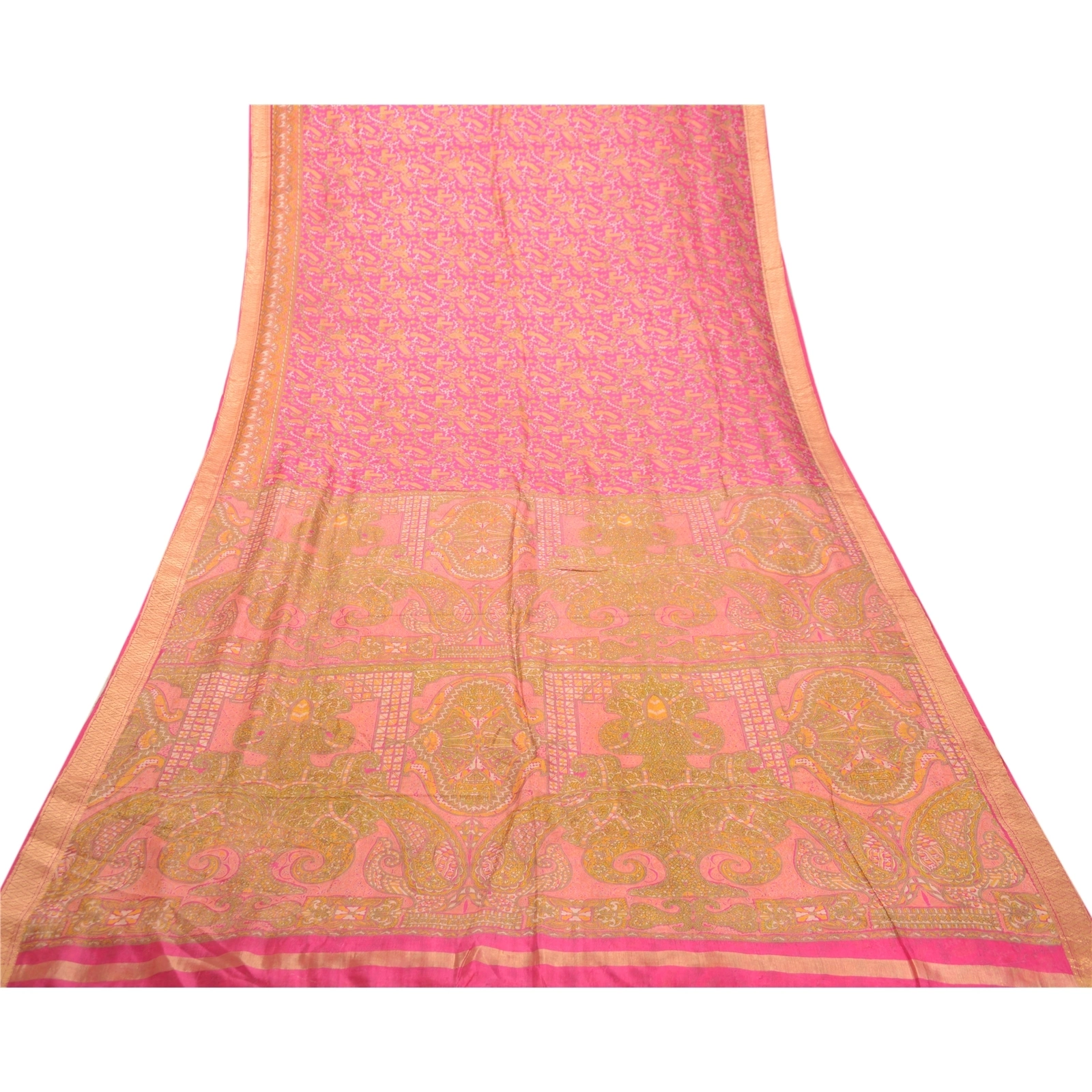 Sanskriti Vintage Sarees Pink From India Pure Silk Printed Sari 5Yd Craft Fabric, PR-62539-Pink-Pure Silk-8