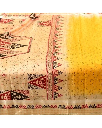Sanskriti Vintage Sarees From Indian Yellow Pure Silk Printed Sari Craft Fabric, PR-62549-Yellow-Pure Silk-4