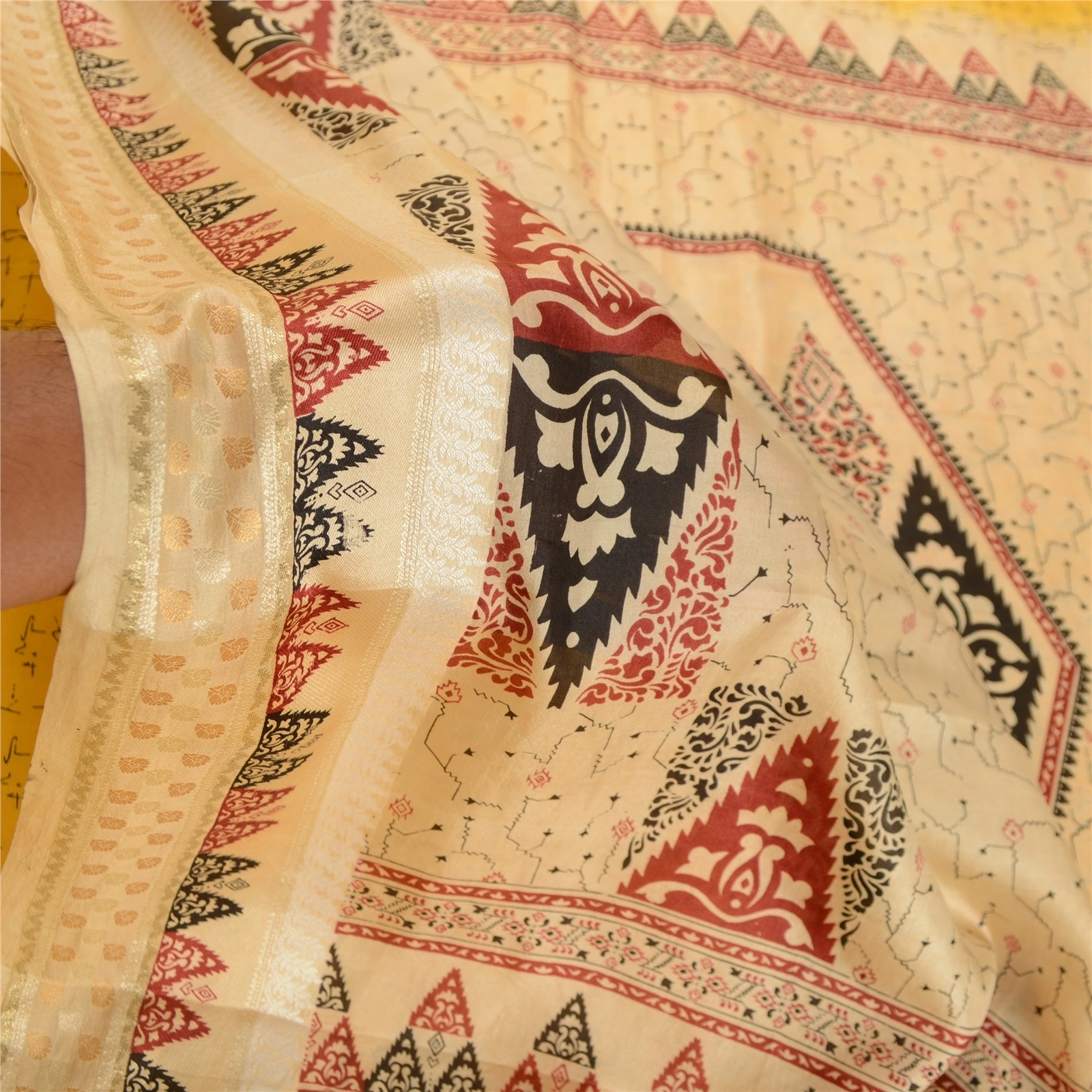 Sanskriti Vintage Sarees From Indian Yellow Pure Silk Printed Sari Craft Fabric, PR-62549-Yellow-Pure Silk-6