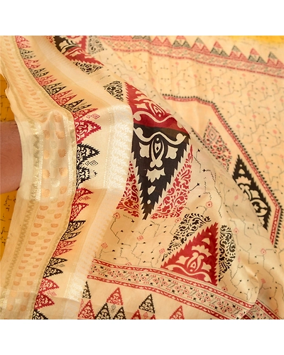 Sanskriti Vintage Sarees From Indian Yellow Pure Silk Printed Sari Craft Fabric, PR-62549-Yellow-Pure Silk-6