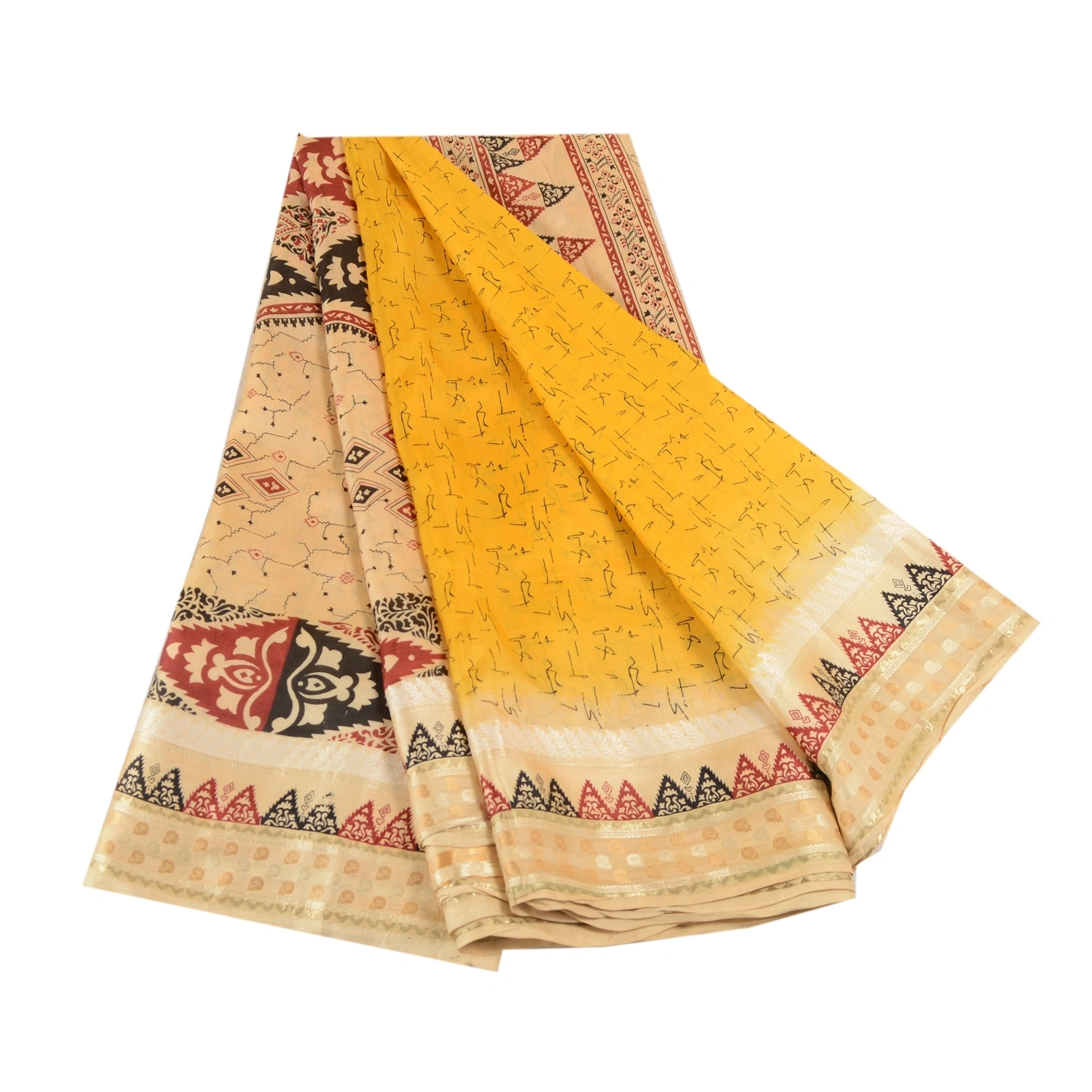 Sanskriti Vintage Sarees From Indian Yellow Pure Silk Printed Sari Craft Fabric, PR-62549-Yellow-Pure Silk-7