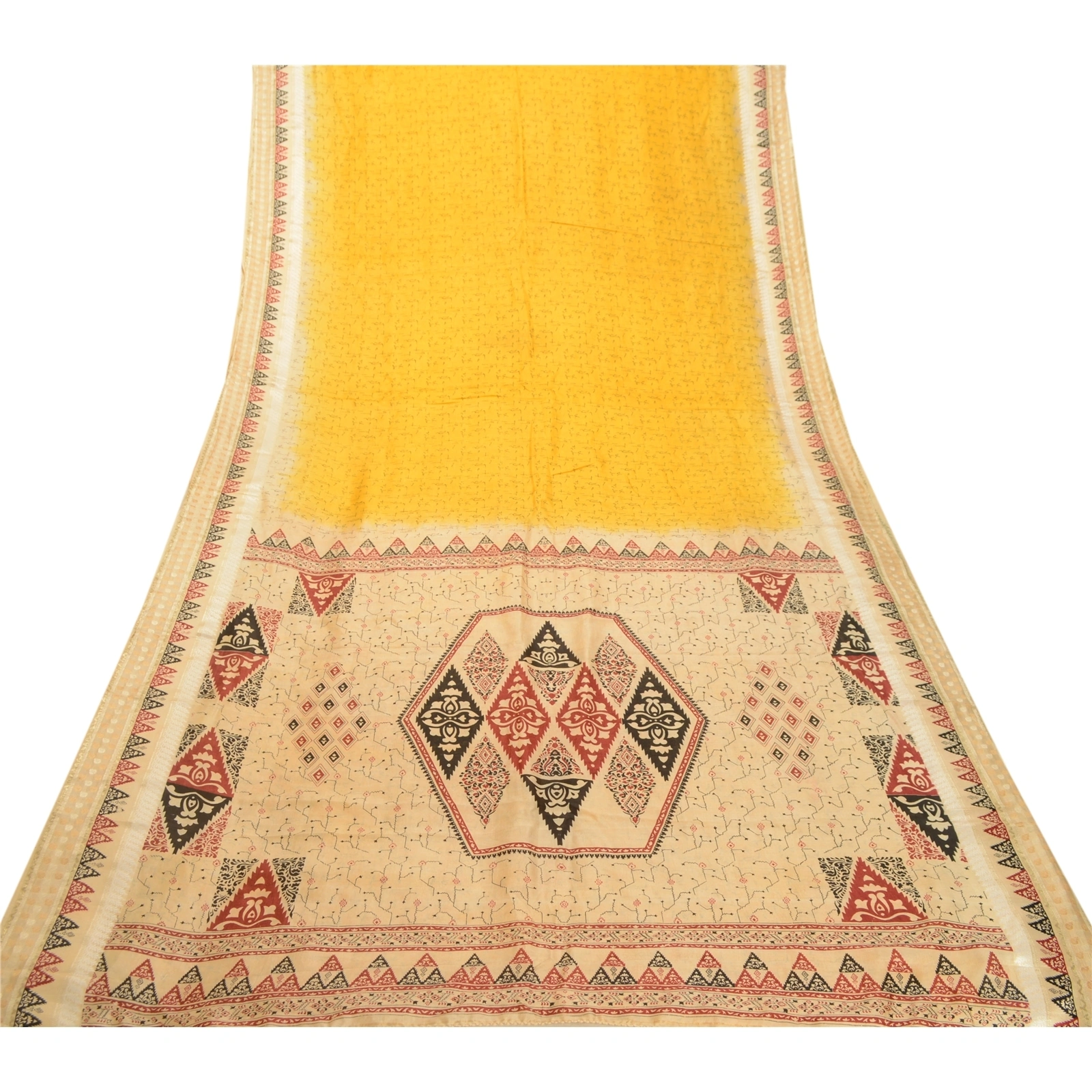 Sanskriti Vintage Sarees From Indian Yellow Pure Silk Printed Sari Craft Fabric, PR-62549-Yellow-Pure Silk-8