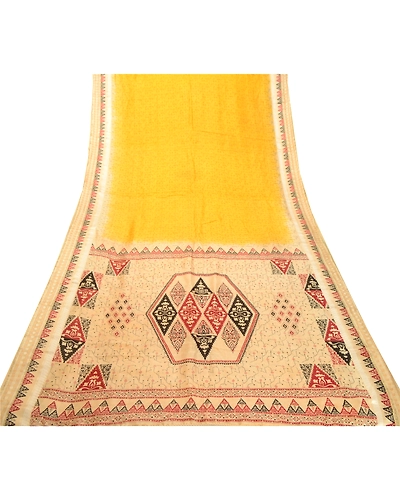 Sanskriti Vintage Sarees From Indian Yellow Pure Silk Printed Sari Craft Fabric, PR-62549-Yellow-Pure Silk-8