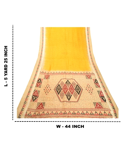 Sanskriti Vintage Sarees From Indian Yellow Pure Silk Printed Sari Craft Fabric, PR-62549-Yellow-Pure Silk-9