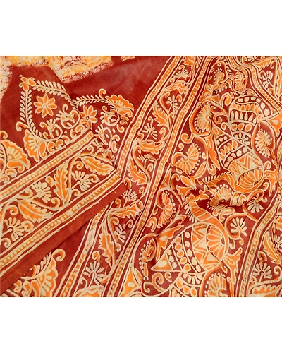 Sanskriti Vintage Sarees Brown Batik Peacock Printed Pure Silk Sari Craft Fabric, PR-62551-Brown-Pure Silk-1