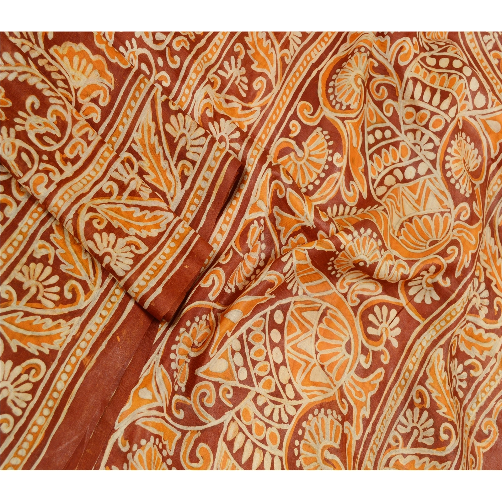 Sanskriti Vintage Sarees Brown Batik Peacock Printed Pure Silk Sari Craft Fabric, PR-62551-Brown-Pure Silk-2