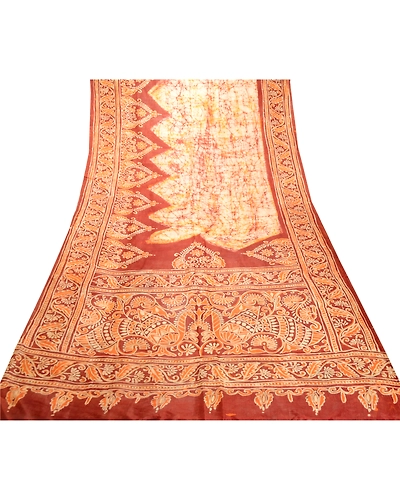 Sanskriti Vintage Sarees Brown Batik Peacock Printed Pure Silk Sari Craft Fabric, PR-62551-Brown-Pure Silk-7