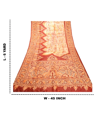 Sanskriti Vintage Sarees Brown Batik Peacock Printed Pure Silk Sari Craft Fabric, PR-62551-Brown-Pure Silk-8