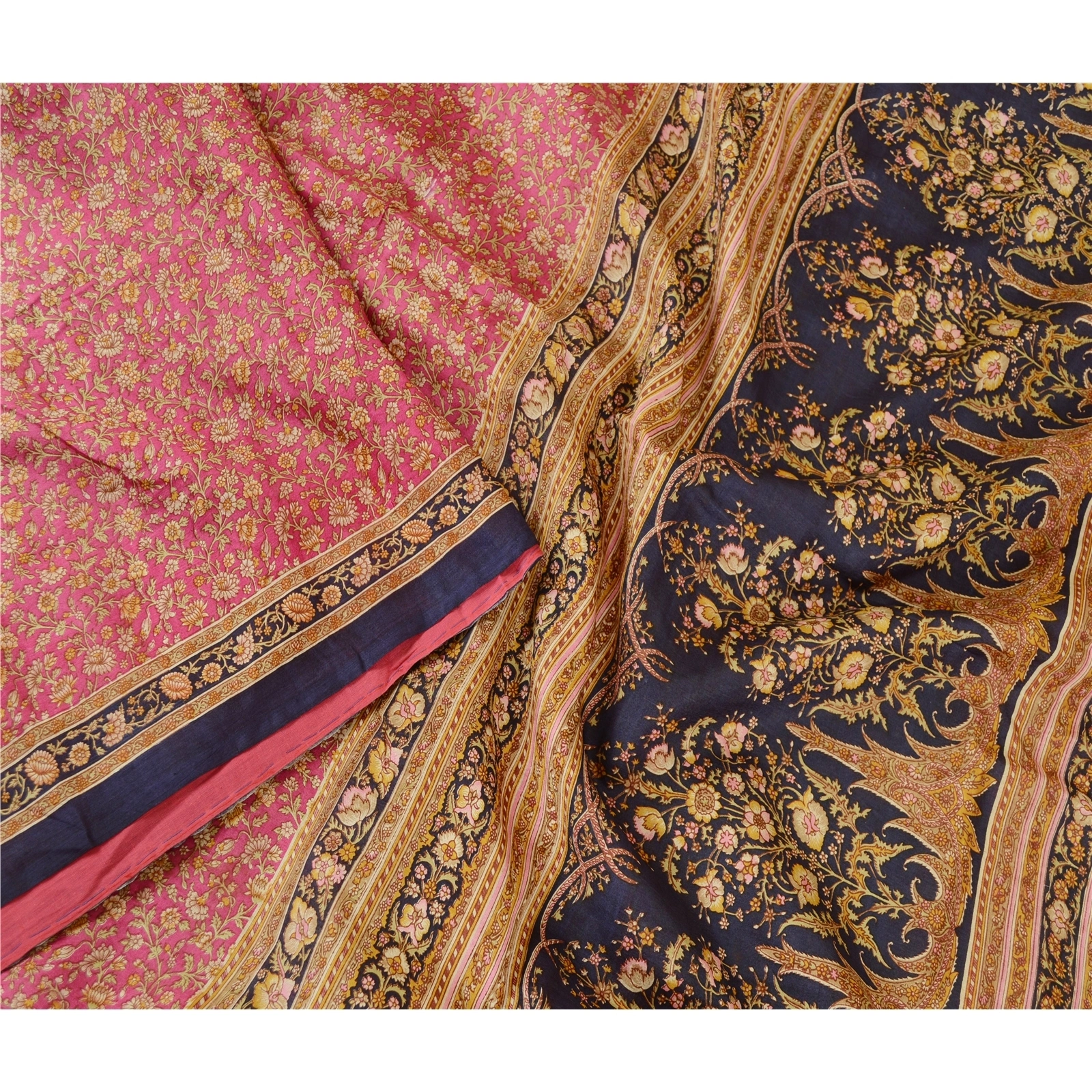 Sanskriti Vintage Sarees From Indian Pink Printed Pure Silk Sari Craft Fabric, PR-62560-Pink-Pure Silk-2