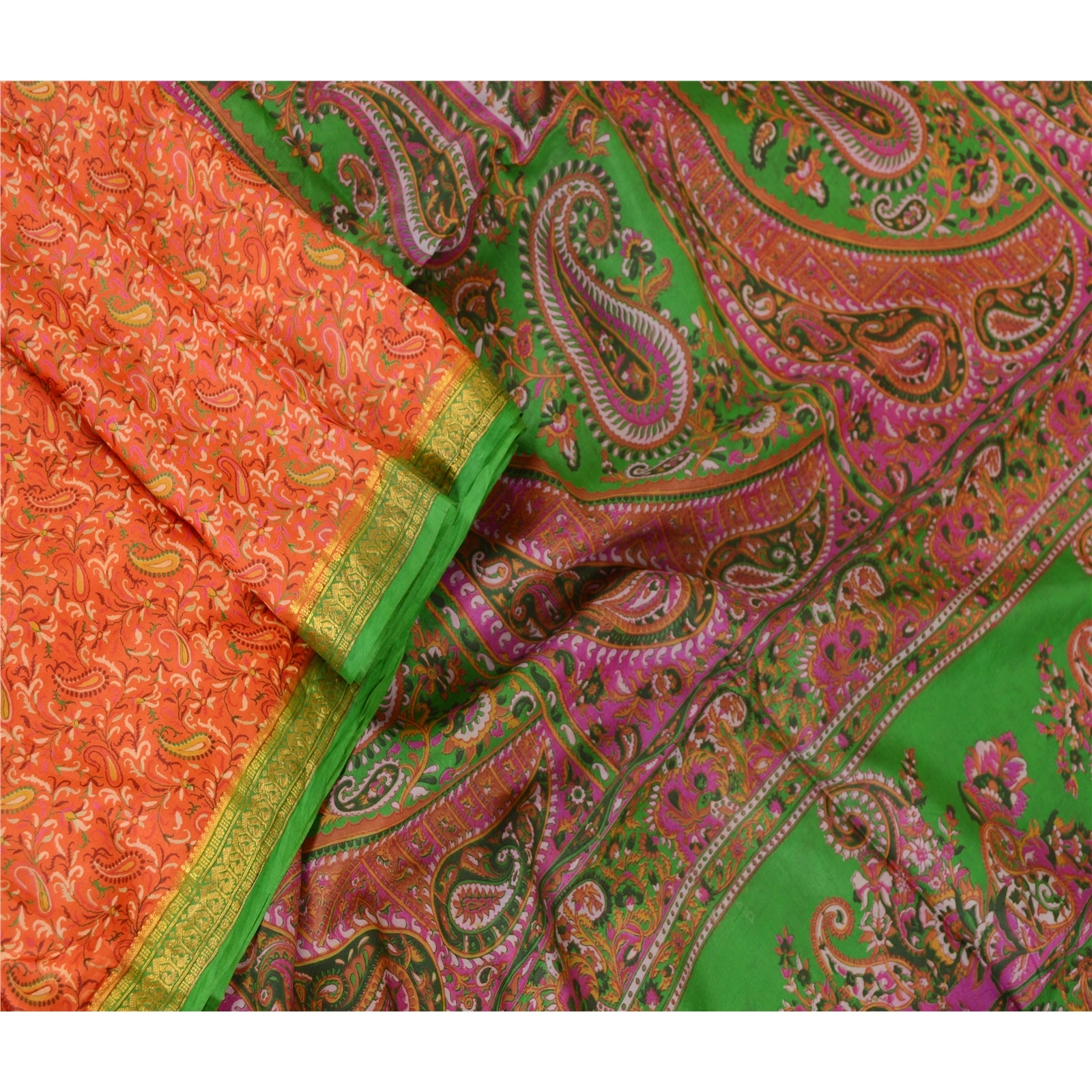 Sanskriti Vintage Sarees Orange Printed Pure Silk Zari Border Sari Craft Fabric, PR-62581-Orange-Pure Silk-1