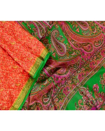 Sanskriti Vintage Sarees Orange Printed Pure Silk Zari Border Sari Craft Fabric, PR-62581-Orange-Pure Silk-1