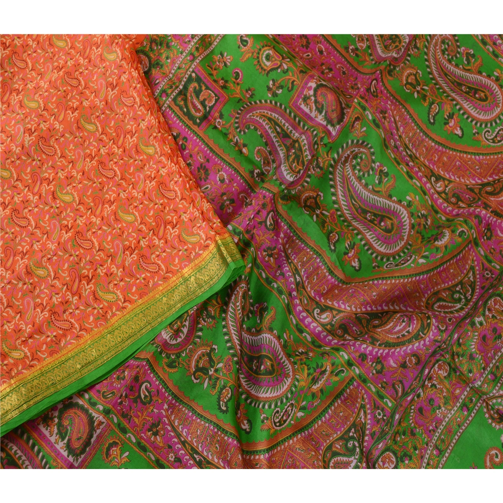 Sanskriti Vintage Sarees Orange Printed Pure Silk Zari Border Sari Craft Fabric, PR-62581-Orange-Pure Silk-2