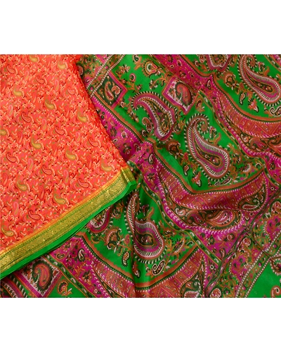 Sanskriti Vintage Sarees Orange Printed Pure Silk Zari Border Sari Craft Fabric, PR-62581-Orange-Pure Silk-2