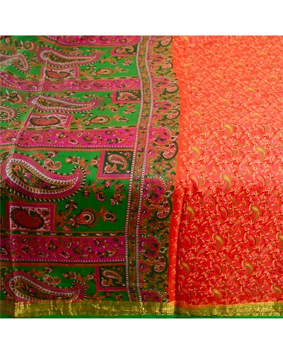 Sanskriti Vintage Sarees Orange Printed Pure Silk Zari Border Sari Craft Fabric, PR-62581-Orange-Pure Silk-3