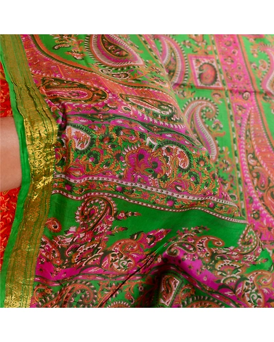 Sanskriti Vintage Sarees Orange Printed Pure Silk Zari Border Sari Craft Fabric, PR-62581-Orange-Pure Silk-5