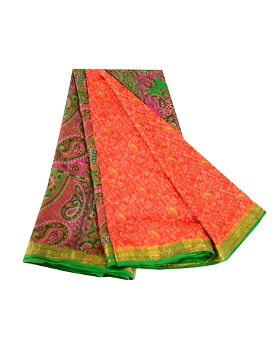 Sanskriti Vintage Sarees Orange Printed Pure Silk Zari Border Sari Craft Fabric, PR-62581-Orange-Pure Silk-6