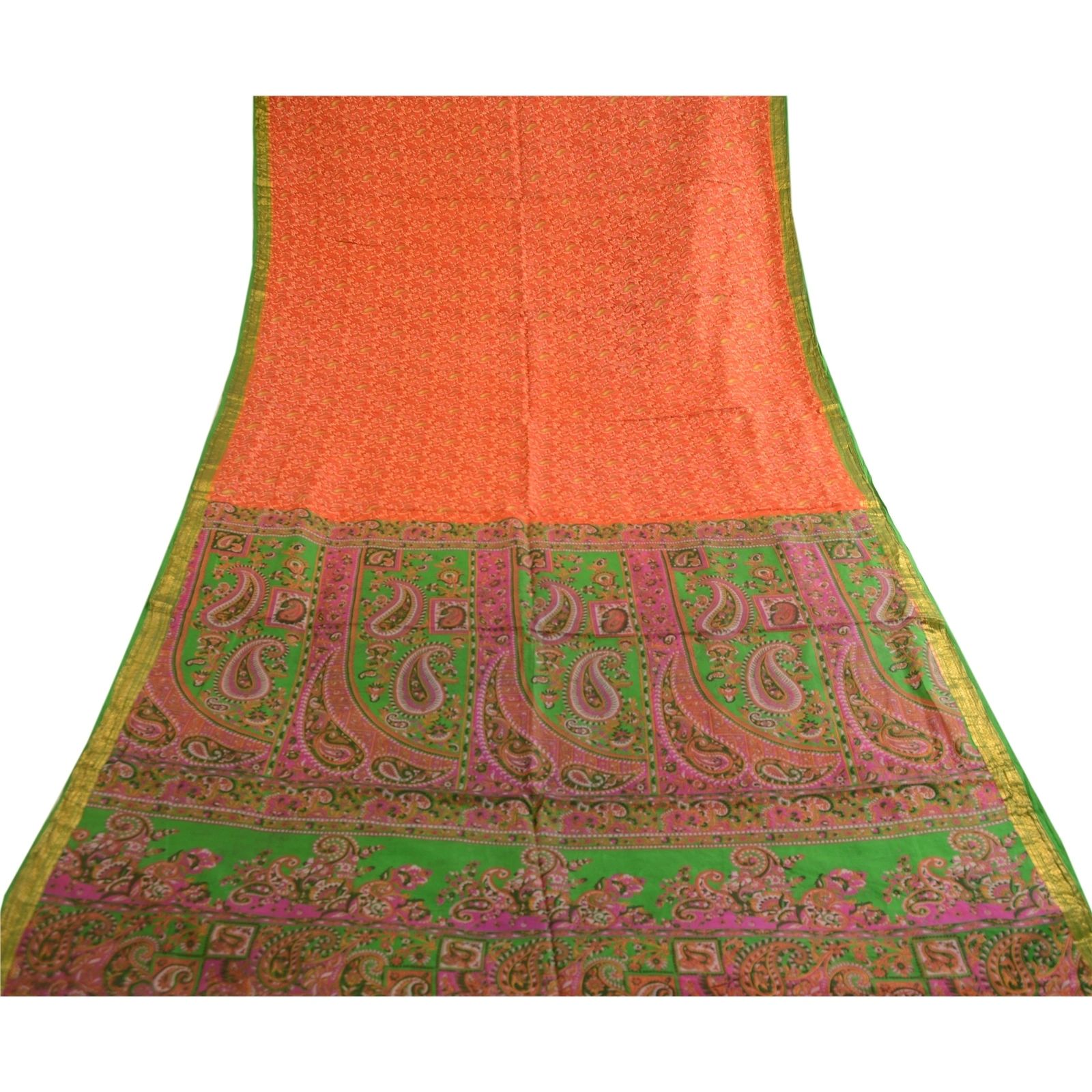 Sanskriti Vintage Sarees Orange Printed Pure Silk Zari Border Sari Craft Fabric, PR-62581-Orange-Pure Silk-7