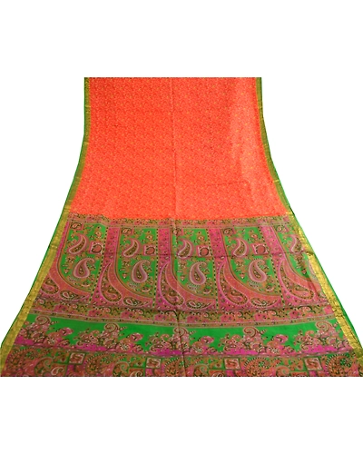 Sanskriti Vintage Sarees Orange Printed Pure Silk Zari Border Sari Craft Fabric, PR-62581-Orange-Pure Silk-7