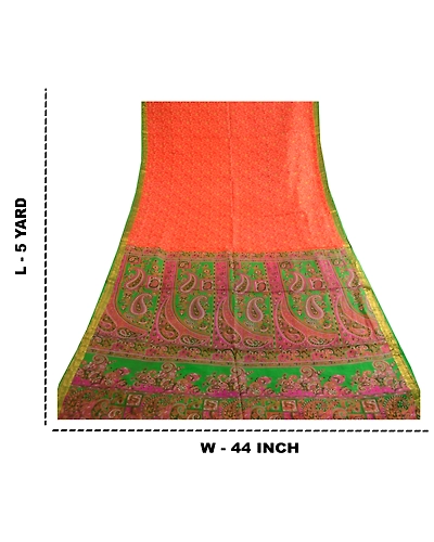 Sanskriti Vintage Sarees Orange Printed Pure Silk Zari Border Sari Craft Fabric, PR-62581-Orange-Pure Silk-8