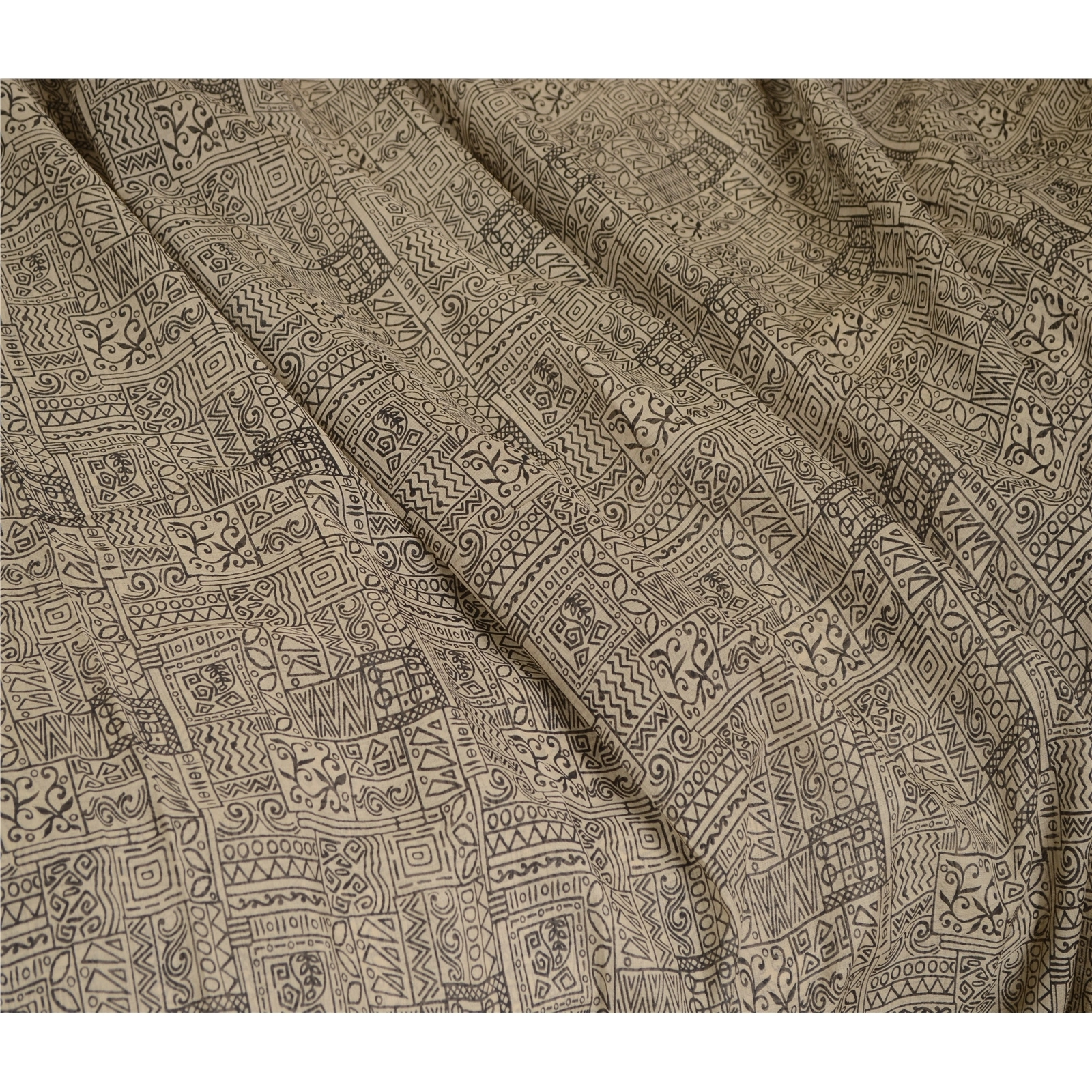 Sanskriti Vintage Sarees From India Cream Printed Pure Silk Sari Craft Fabric, PR-62611-Ivory-Pure Silk-1