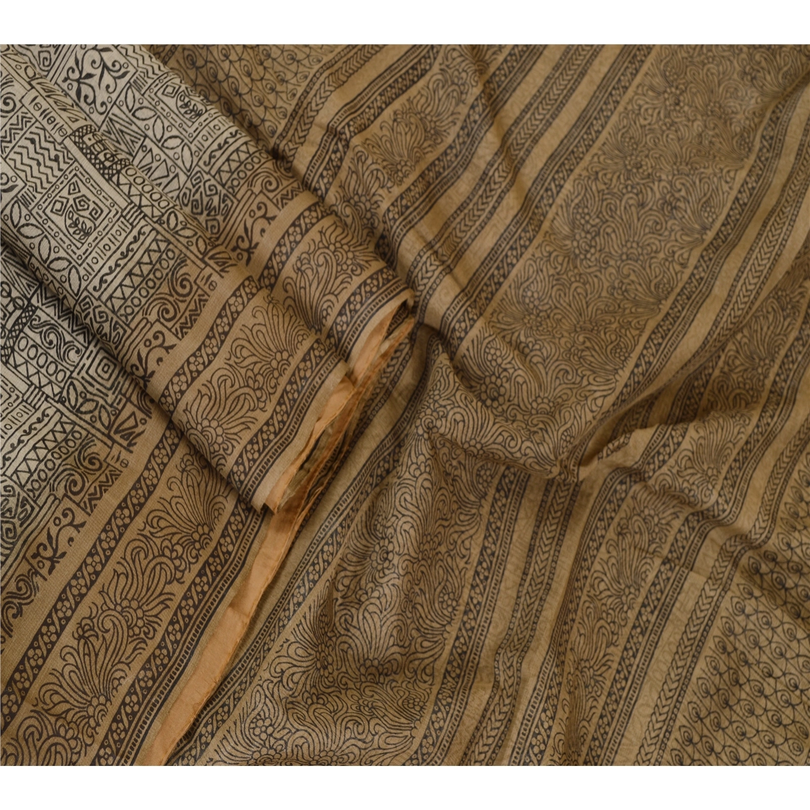 Sanskriti Vintage Sarees From India Cream Printed Pure Silk Sari Craft Fabric, PR-62611-Ivory-Pure Silk-2