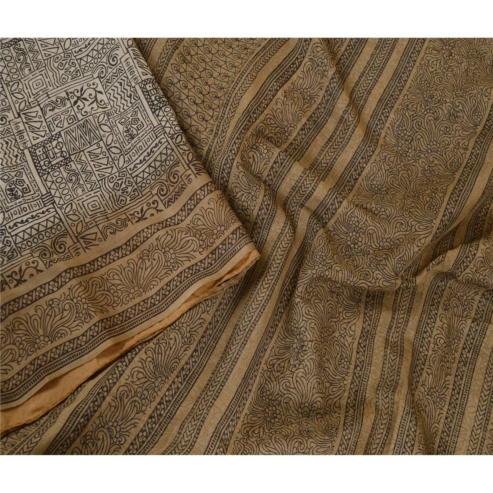 Sanskriti Vintage Sarees From India Cream Printed Pure Silk Sari Craft Fabric, PR-62611-Ivory-Pure Silk-3