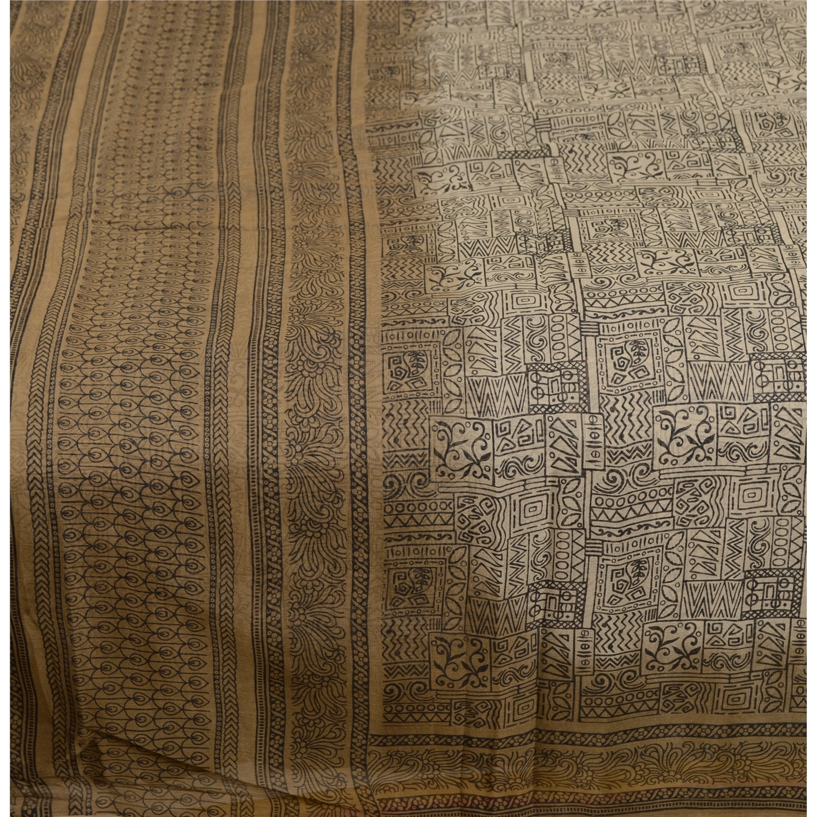 Sanskriti Vintage Sarees From India Cream Printed Pure Silk Sari Craft Fabric, PR-62611-Ivory-Pure Silk-4