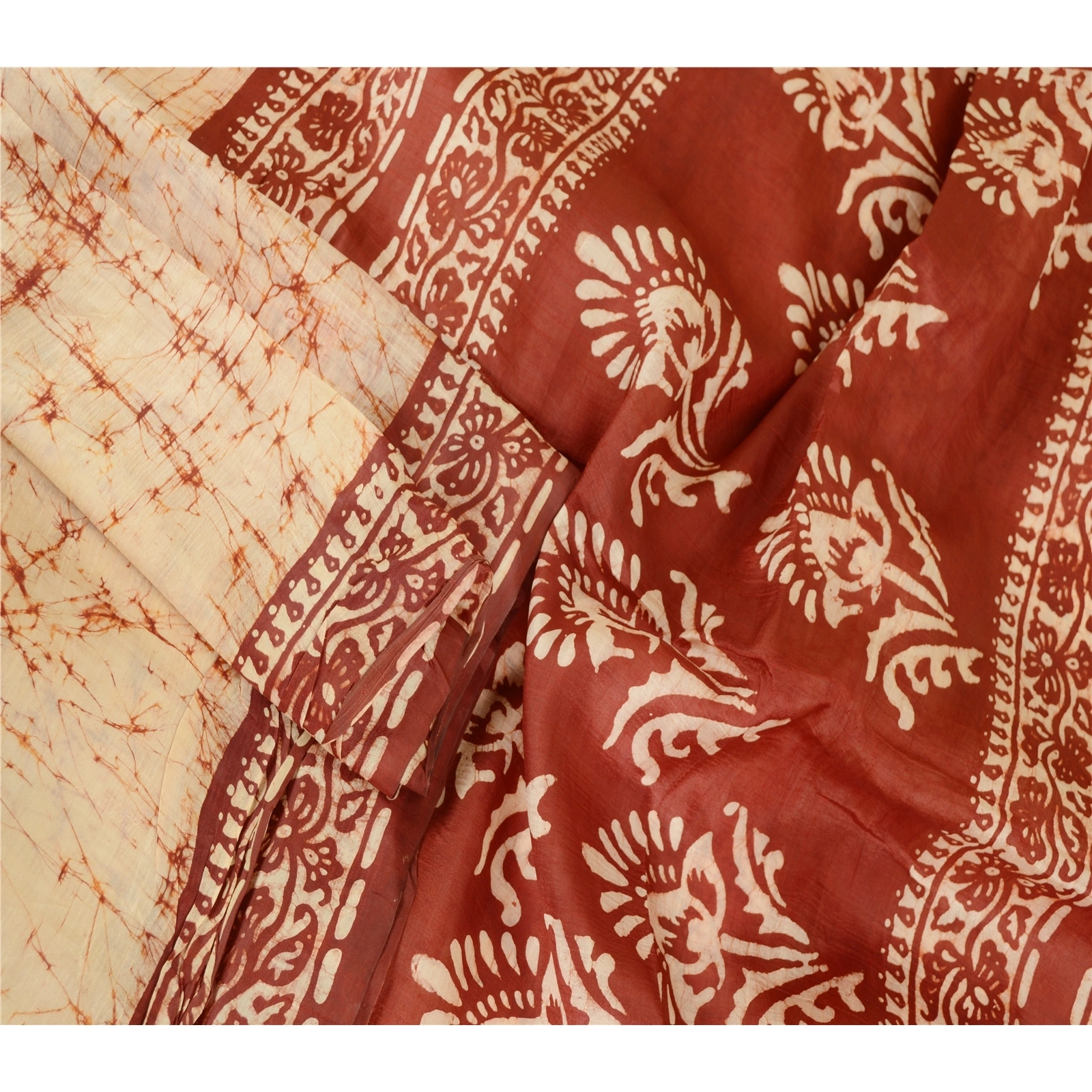 Sanskriti Vintage Sarees Cream Batik Printed Pure Silk Sari Floral Craft Fabric, PR-62625-Cream-Pure Silk-1