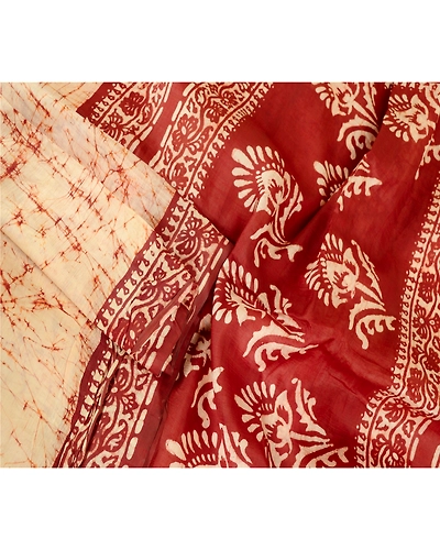 Sanskriti Vintage Sarees Cream Batik Printed Pure Silk Sari Floral Craft Fabric, PR-62625-Cream-Pure Silk-1
