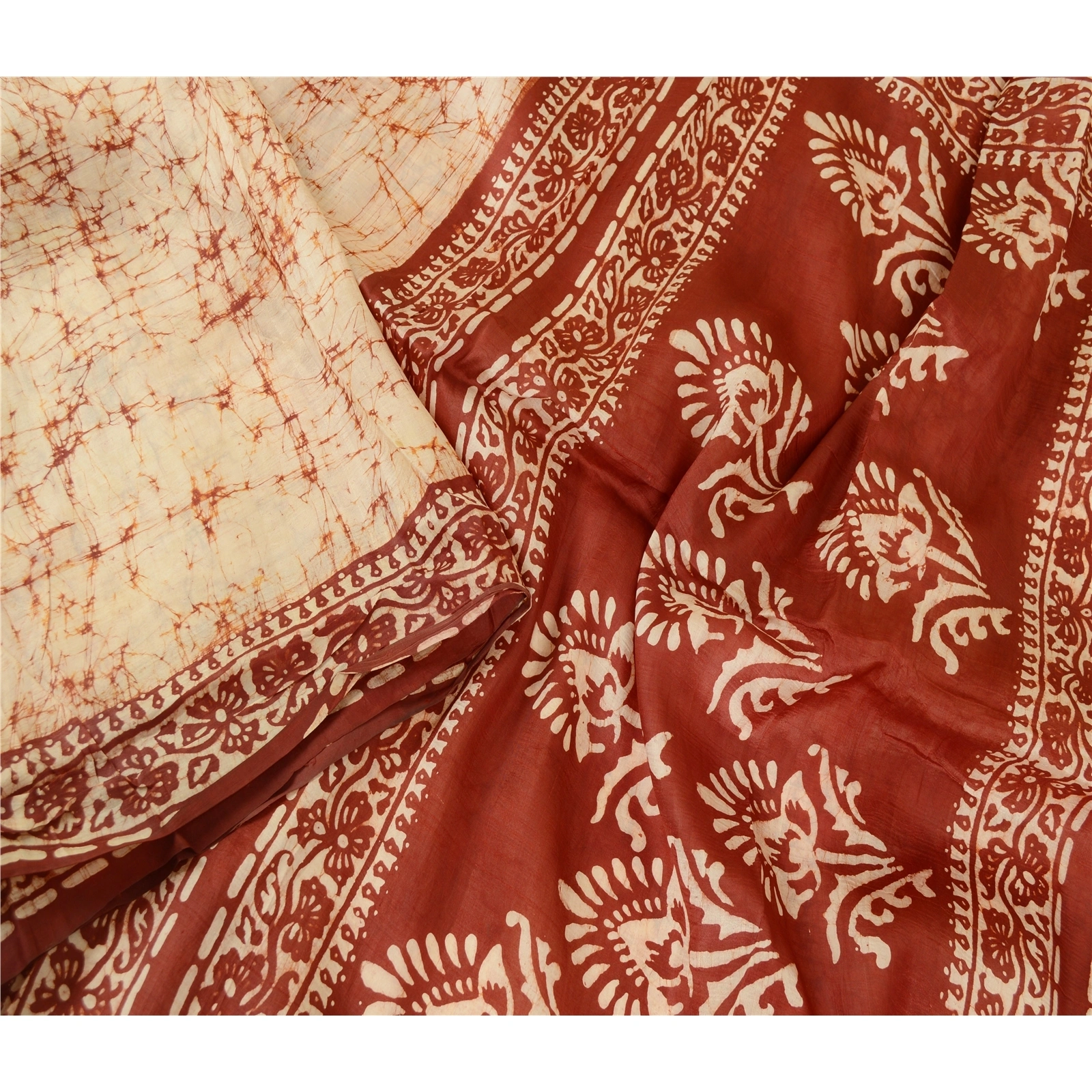 Sanskriti Vintage Sarees Cream Batik Printed Pure Silk Sari Floral Craft Fabric, PR-62625-Cream-Pure Silk-2