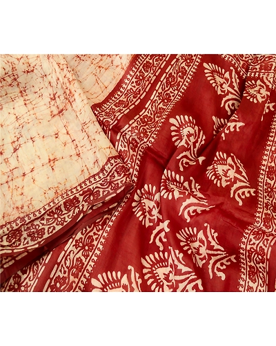 Sanskriti Vintage Sarees Cream Batik Printed Pure Silk Sari Floral Craft Fabric, PR-62625-Cream-Pure Silk-2