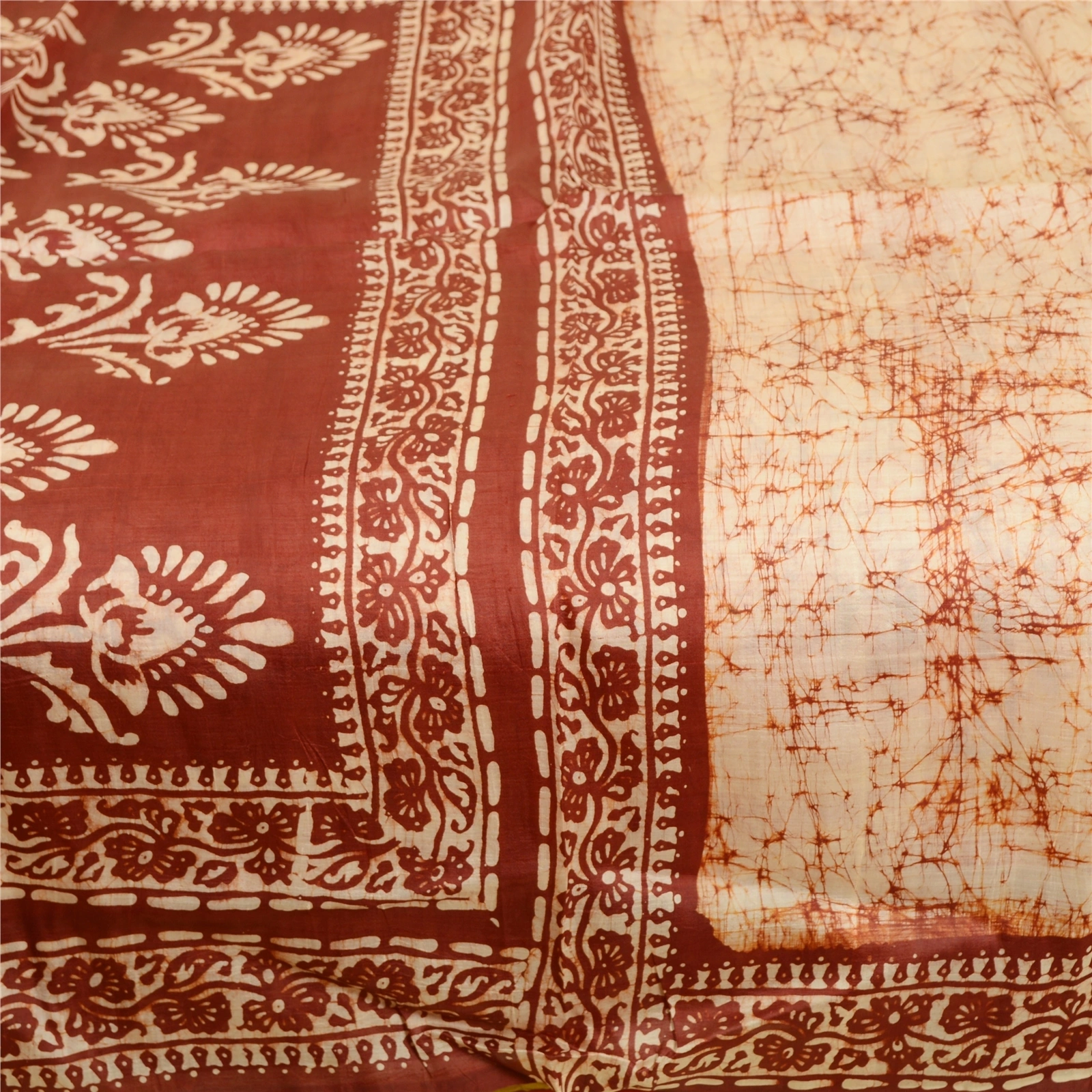 Sanskriti Vintage Sarees Cream Batik Printed Pure Silk Sari Floral Craft Fabric, PR-62625-Cream-Pure Silk-3