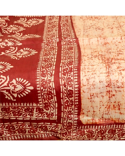 Sanskriti Vintage Sarees Cream Batik Printed Pure Silk Sari Floral Craft Fabric, PR-62625-Cream-Pure Silk-3