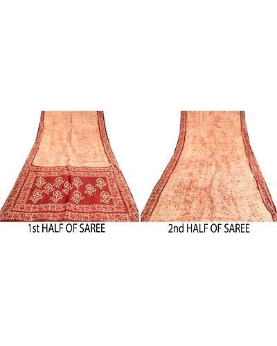 Sanskriti Vintage Sarees Cream Batik Printed Pure Silk Sari Floral Craft Fabric, PR-62625-Cream-Pure Silk-4