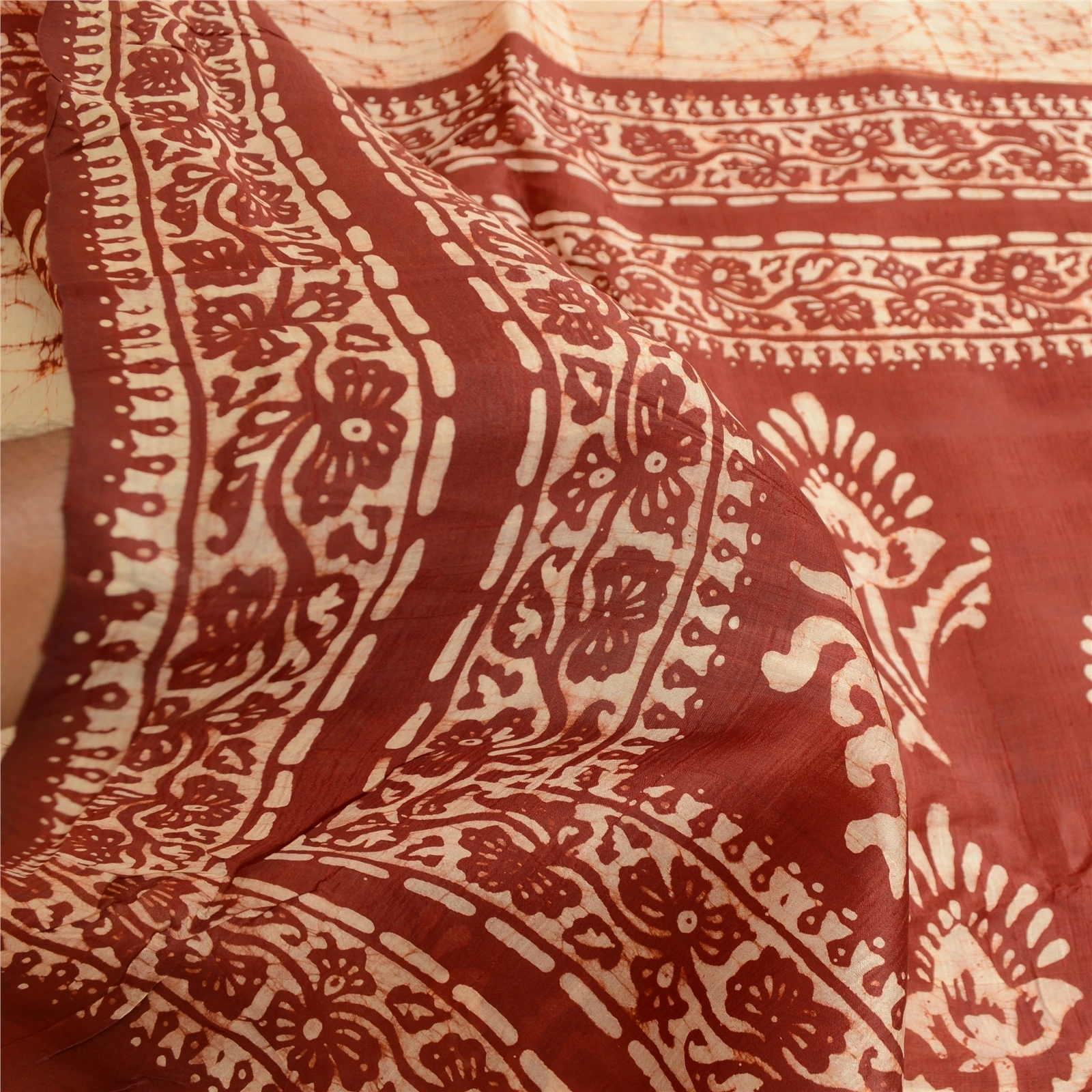 Sanskriti Vintage Sarees Cream Batik Printed Pure Silk Sari Floral Craft Fabric, PR-62625-Cream-Pure Silk-5